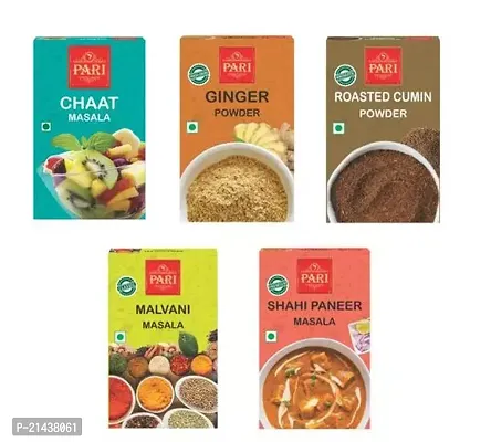 Pari Combo of Chaat Masala ( 50 g ) , Ginger Powder ( 50 g ), Roasted Cumin Powder ( 50 g ), Malvani Masala ( 50 g ) , Shahi Paneer Masala ( 50 g ) ( Pack of 5 ) - Authentic, Aromatic,Flavourful Spice