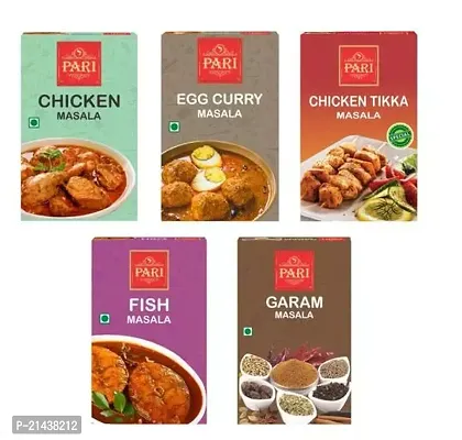 Pari Combo of Chicken Masala ( 50 g ) , Egg Curry Masala ( 50 g ), Chicken Tikka Masala ( 50 g ), Fish Masala ( 50 g ) , Garam Masala ( 50 g ) ( Pack of 5 ) - Authentic, Aromatic,Flavourful Spice Mix-thumb0