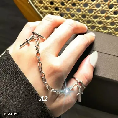 Cross Ring Chain Adjustable Chain Four Fingers Open Silver Plated