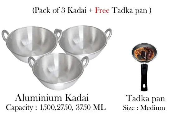 Aluminum Kadai 1500ML, 2750ML, 3750ML And Free Tadka Pan