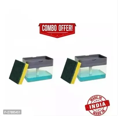 (Pack Of 2) Plastic Liquid Soap Press-Type Pump Dispenser with Sponge Holder for Kitchen Sink Dishwasher (2 in 1, Durable  Rustproof, 400 ml) COMBO OFFER-thumb0