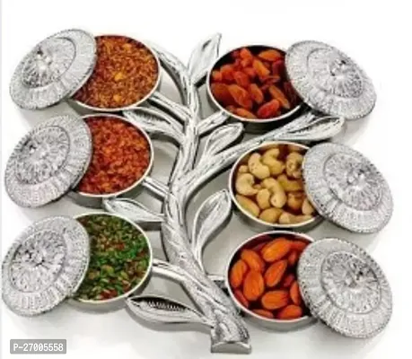 Multipurpose Tree Shape 6 Section Royal Design Silver Storage Dry Fruit Tray /Gift Box / Dry Fruits Box (Pack Of 1)-thumb0