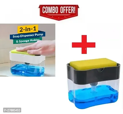 2 in 1 Press-Type Sink Dishwasher Liquid Soap Dispenser Pump with Sponge Holder Caddy for Home and Kitchen Accessories(Multicolour)