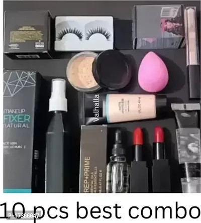 10 items makeup combo primer fixer compact powder foundation concealer face serum lipstick-thumb0