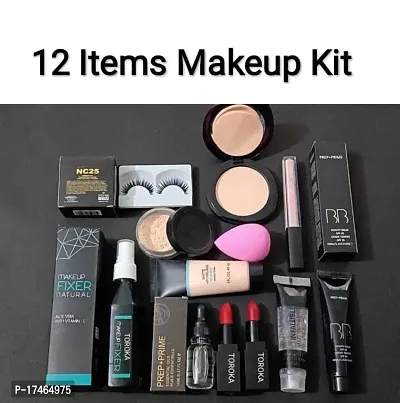 Makeup kit combo pack of 12, Essential Oil, Face Primer, foundation, Concealer, Loose Powder, Blender, Makeup Fixer, Compact Powder face powder, 2 lipstick, eyelashes,BB CREAM