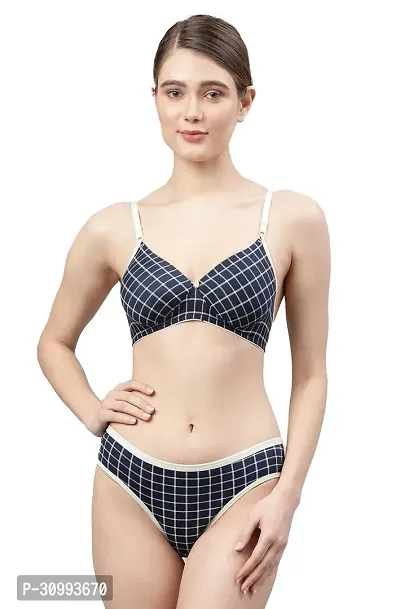 Stylish Cotton Checked Bra And Panty Set For Women-thumb0