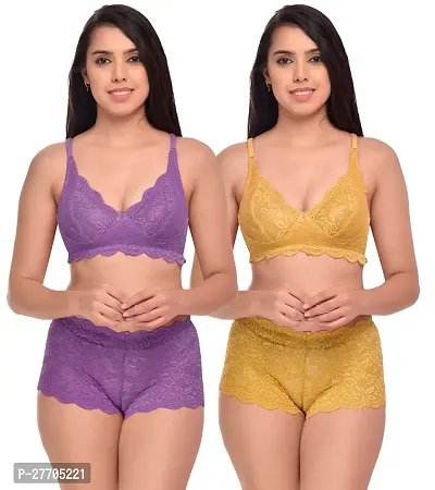 Women Net Bra Panty Set for Lingerie Set Pack of 2  Color : Purple,Yellow