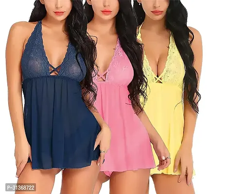 Women Blue,Pink,Yellow Designed Babydoll Sexy Lingerie Set Honeymoon Nighty Anniversary Night Dress-thumb0