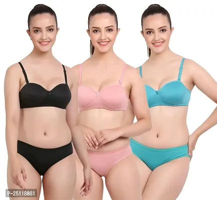 Stylish Multicoloured  Bra And Panty Set For Women Pack Of 3-thumb0