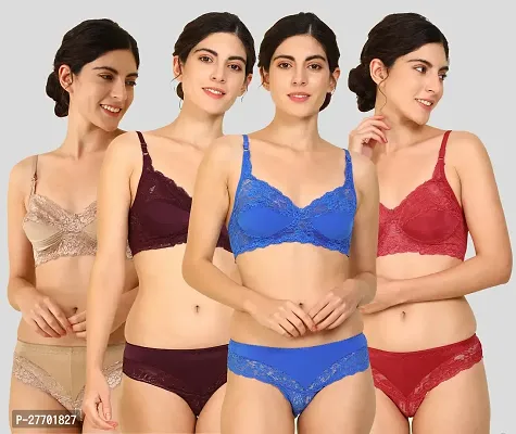 Women Cotton Bra Panty Set for Lingerie Set Pack of 4  Color : Brown,Maroon,Blue,Red-thumb0