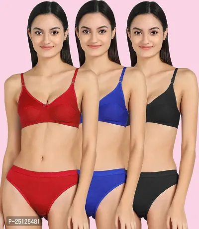 Stylish Multicoloured  Bra And Panty Set For Women Pack Of 3-thumb0