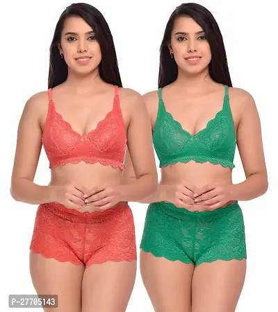 Women Net Bra Panty Set for Lingerie Set Pack of 2  Color : Red,Green-thumb0