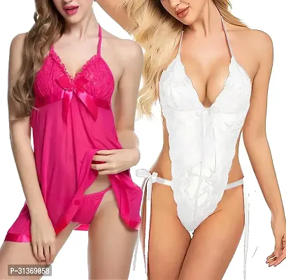 Women Pink,White Designed Babydoll Sexy Lingerie Set Honeymoon Nighty Anniversary Night Dress-thumb0