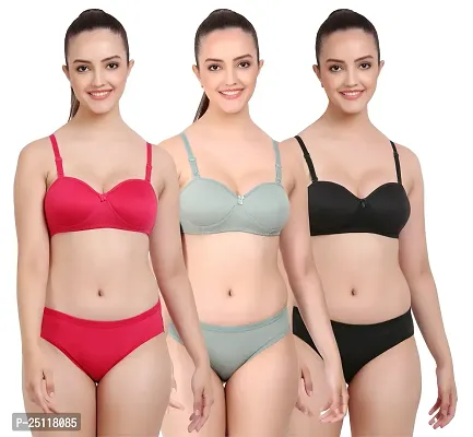 Stylish Multicoloured  Bra And Panty Set For Women Pack Of 3-thumb0