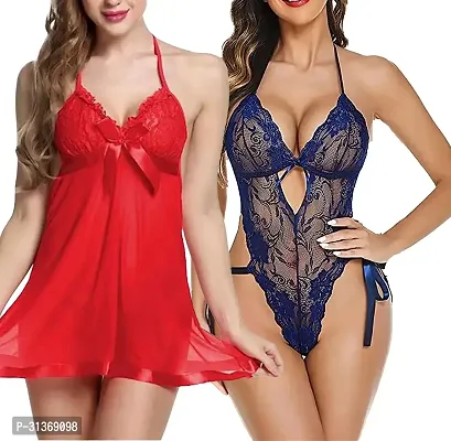 Women Red,Blue Designed Babydoll Sexy Lingerie Set Honeymoon Nighty Anniversary Night Dress-thumb0