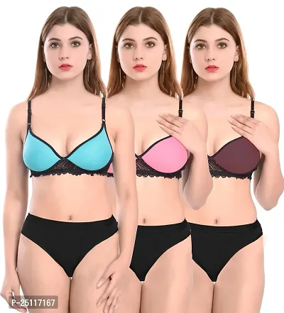 Stylish Multicoloured  Bra And Panty Set For Women Pack Of 3-thumb0