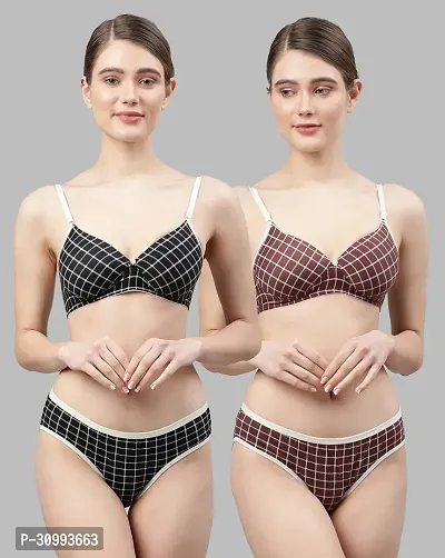 Stylish Cotton Checked Bra And Panty Set For Women Pack Of 2-thumb0