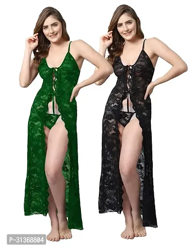 Women Green,Black Designed Babydoll Sexy Lingerie Set Honeymoon Nighty Anniversary Night Dress-thumb0