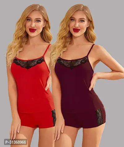 Women Red,Maroon Designed Babydoll Sexy Lingerie Set Honeymoon Nighty Anniversary Night Dress-thumb0