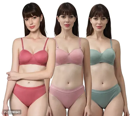 Women Cotton Bra Panty Set for Lingerie Set Pack of 3  Color : Red,Pink,Green-thumb0