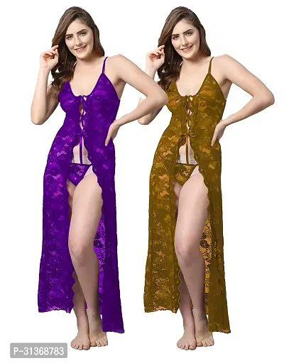 Women Purple,Yellow Designed Babydoll Sexy Lingerie Set Honeymoon Nighty Anniversary Night Dress-thumb0