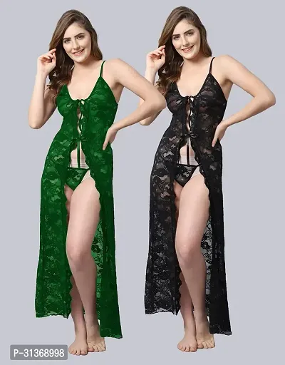 Women Green,Black Designed Babydoll Sexy Lingerie Set Honeymoon Nighty Anniversary Night Dress-thumb0