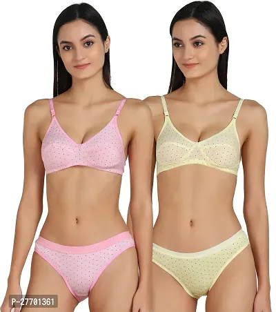 Women Cotton Bra Panty Set for Lingerie Set Pack of 2  Color : Pink,Yellow  Pattern : Self Design-thumb0