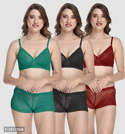 Stylish Multicoloured  Bra And Panty Set For Women Pack Of 3-thumb0