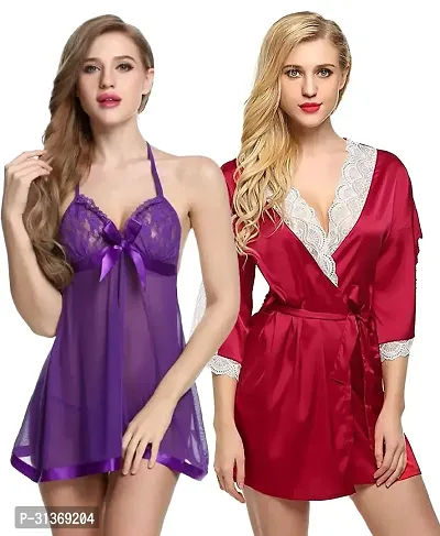 Women Purple,Red Designed Babydoll Sexy Lingerie Set Honeymoon Nighty Anniversary Night Dress-thumb0