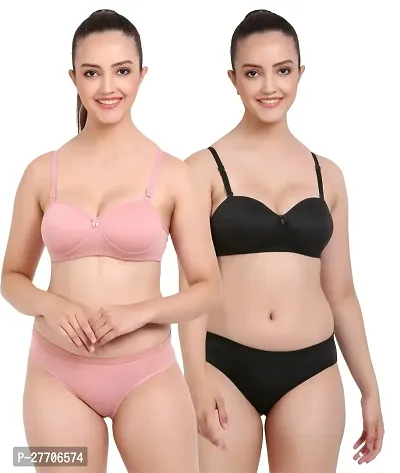 Women Cotton Bra Panty Set for Lingerie Set Pack of 2  Color : Pink,Black-thumb0