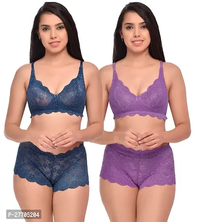 Women Net Bra Panty Set for Lingerie Set Pack of 2  Color : Blue,Purple-thumb0