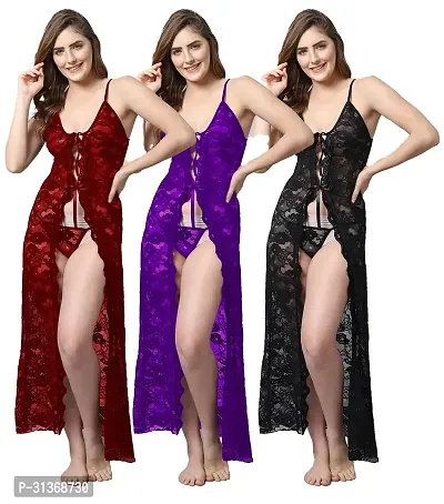 Women Red,Purple,Black Designed Babydoll Sexy Lingerie Set Honeymoon Nighty Anniversary Night Dress-thumb0