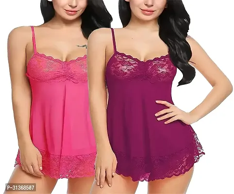 Women Pink,Maroon Designed Babydoll Sexy Lingerie Set Honeymoon Nighty Anniversary Night Dress-thumb0