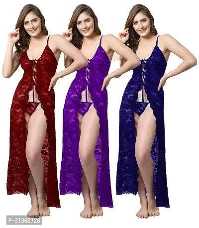 Women Red,Purple,Blue Designed Babydoll Sexy Lingerie Set Honeymoon Nighty Anniversary Night Dress-thumb0