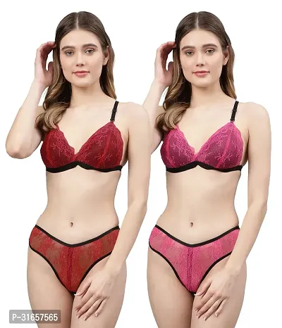 CUPSIN-Women Red,Pink Net Bra Panty Set|Lingerie Set|Honeymoon Night Dress Wedding|Valentine Beautiful Gift for Girl|Bra Panty Set for Women with Sexy|Bra Panty Set for Women-thumb0