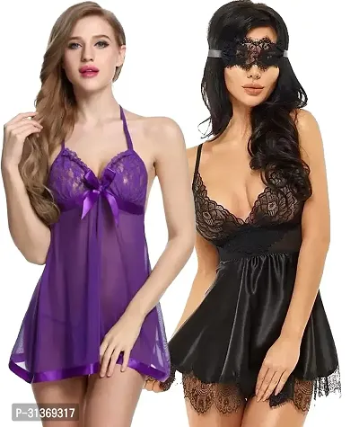 Women Purple,Black Designed Babydoll Sexy Lingerie Set Honeymoon Nighty Anniversary Night Dress-thumb0