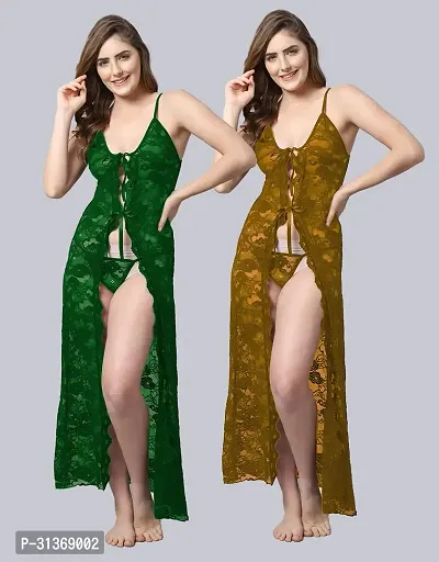 Women Green,Yellow Designed Babydoll Sexy Lingerie Set Honeymoon Nighty Anniversary Night Dress-thumb0