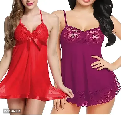 Women Red,Maroon Designed Babydoll Sexy Lingerie Set Honeymoon Nighty Anniversary Night Dress-thumb0