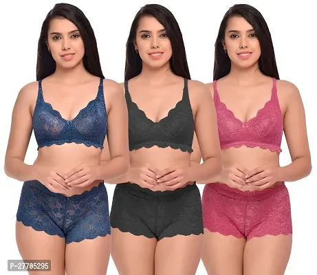 Women Net Bra Panty Set for Lingerie Set Pack of 3  Color : Blue,Black,Pink-thumb0