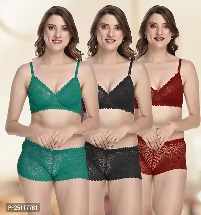 Stylish Multicoloured  Bra And Panty Set For Women Pack Of 3-thumb0