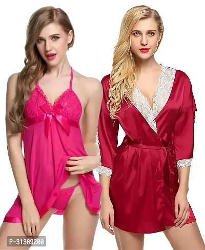 Women Pink,Red Designed Babydoll Sexy Lingerie Set Honeymoon Nighty Anniversary Night Dress-thumb0