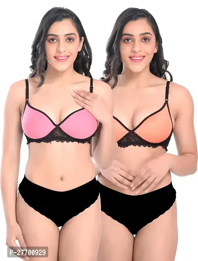 Women Cotton Bra Panty Set for Lingerie Set Pack of 2  Color : Pink,Orange