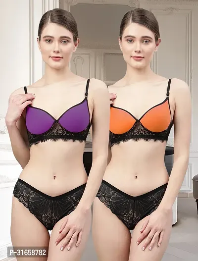 Women Purple,Orange Net Bra Panty Set|Lingerie Set|Honeymoon Night Dress Wedding|Valentine Beautiful Gift for Girl|Bra Panty Set for Women with Sexy|Bra Panty Set for Women-thumb0