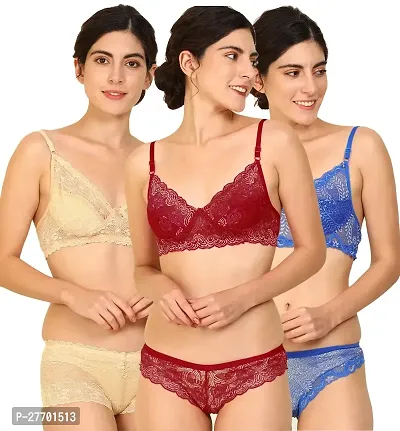 Women Cotton Bra Panty Set for Lingerie Set Pack of 3  Color : Brown,Maroon,Blue-thumb0