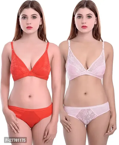 Women Cotton Bra Panty Set for Lingerie Set Pack of 2  Color : Orange,Pink-thumb0