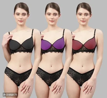 Women Black,Purple,Maroon Net Bra Panty Set|Lingerie Set|Honeymoon Night Dress Wedding|Valentine Beautiful Gift for Girl|Bra Panty Set for Women with Sexy|Bra Panty Set for Women-thumb0