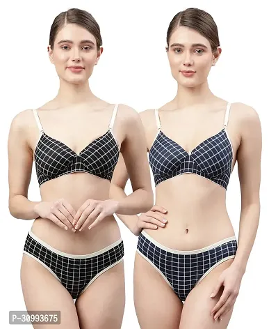 Stylish Cotton Checked Bra And Panty Set For Women Pack Of 2-thumb0