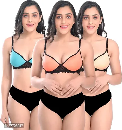 Women Cotton Bra Panty Set for Lingerie Set Pack of 3  Color : Blue,Orange,Brown-thumb0