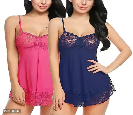 Women Pink,Blue Designed Babydoll Sexy Lingerie Set Honeymoon Nighty Anniversary Night Dress-thumb0