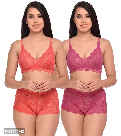 Women Net Bra Panty Set for Lingerie Set Pack of 2  Color : Red,Pink-thumb0